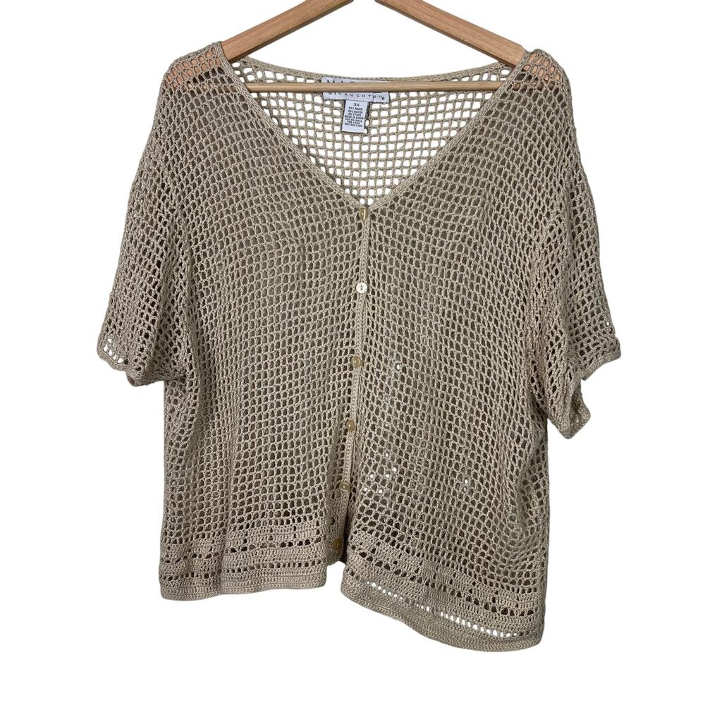 Maggie McNaughton Plus Size 3X Beige Open Knit Short Sleeve Button Up Cardigan